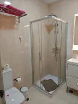 Ducha de esquina de cristal con alfombra marrón, junto al inodoro y la toallera con toallas rosas